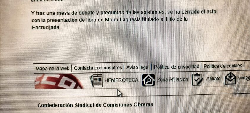 Mención de la presentación en CCOO de "El Hilo de la Encrucijada" Moira Láquesis presenta "El Hilo de la Encrucijada" dentro del marco del 25-N contra la violencia machista.