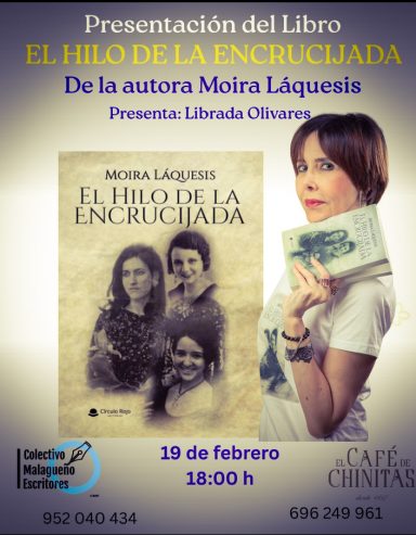 Presentación "El hilo de la encrucijada" en Café de Chinitas (Málaga) Moira y su libro en Café de Chinitas (Málaga)