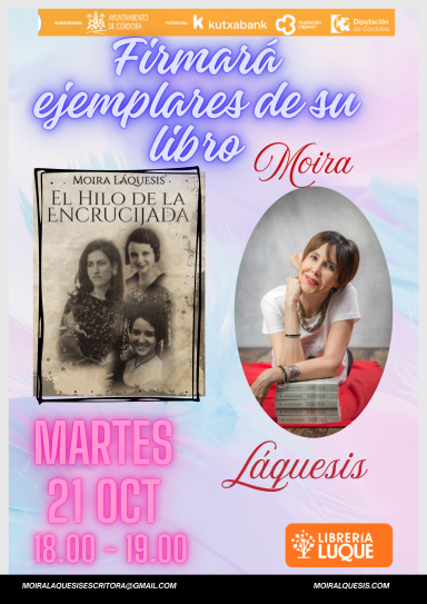 Librería Luque. Feria del Libro de Córdoba Moira Láquesis anunciando firma de libros en caseta Librería Luque en la Feria del Libro de Córdoba.